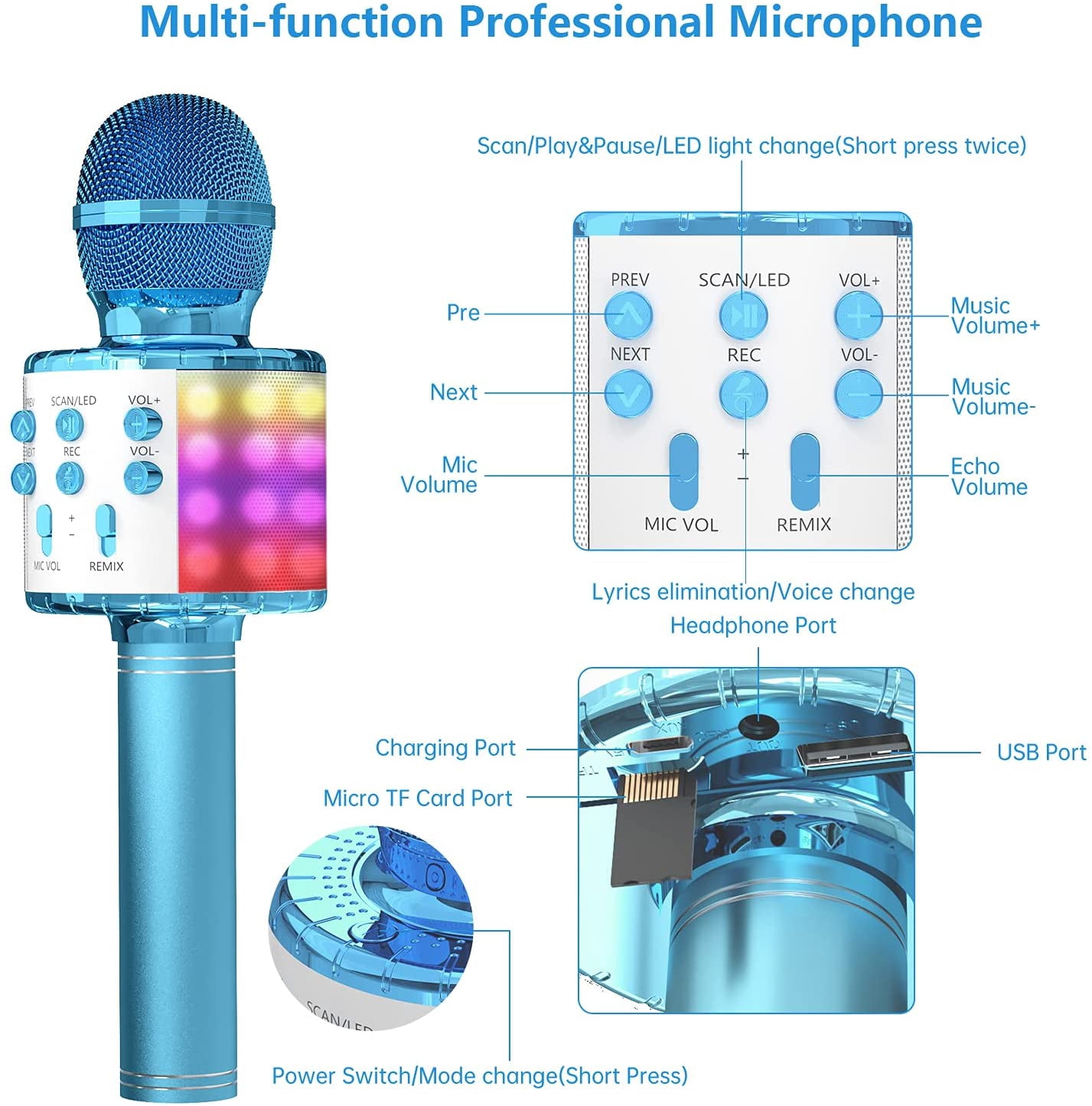 Family Karaoke Microphone, Wireless Bluetooth Karaoke Microphone with LED Lights, Portable Handheld Mic Speaker Machine, Great Gifts Toys for Girls Boys Adults All Age