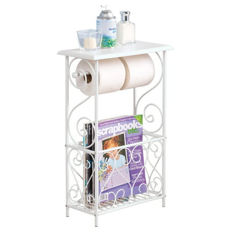 White Toilet Paper and Magazine Holder with Scrolling Design - Decorative Bathroom Table,
