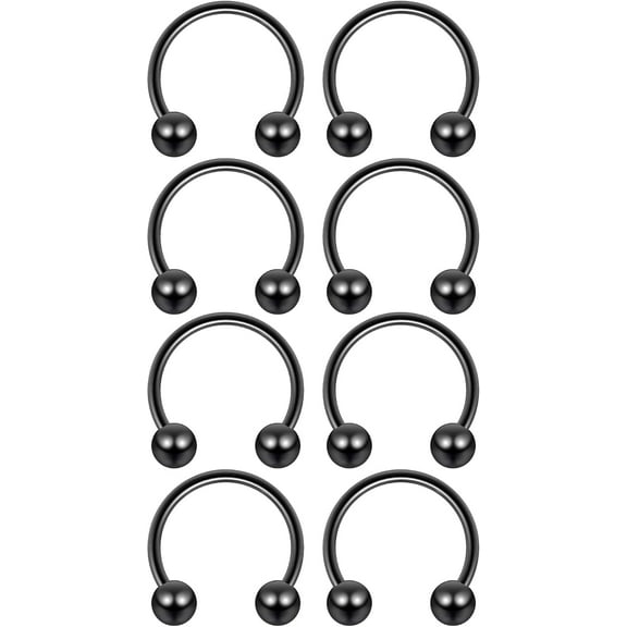 8pc 18g Black Surgical Steel Horseshoe Hoop 3mm Ball Circular Barbells Earrings Cartilage Helix Septum Nose Lip Rings - 8mm