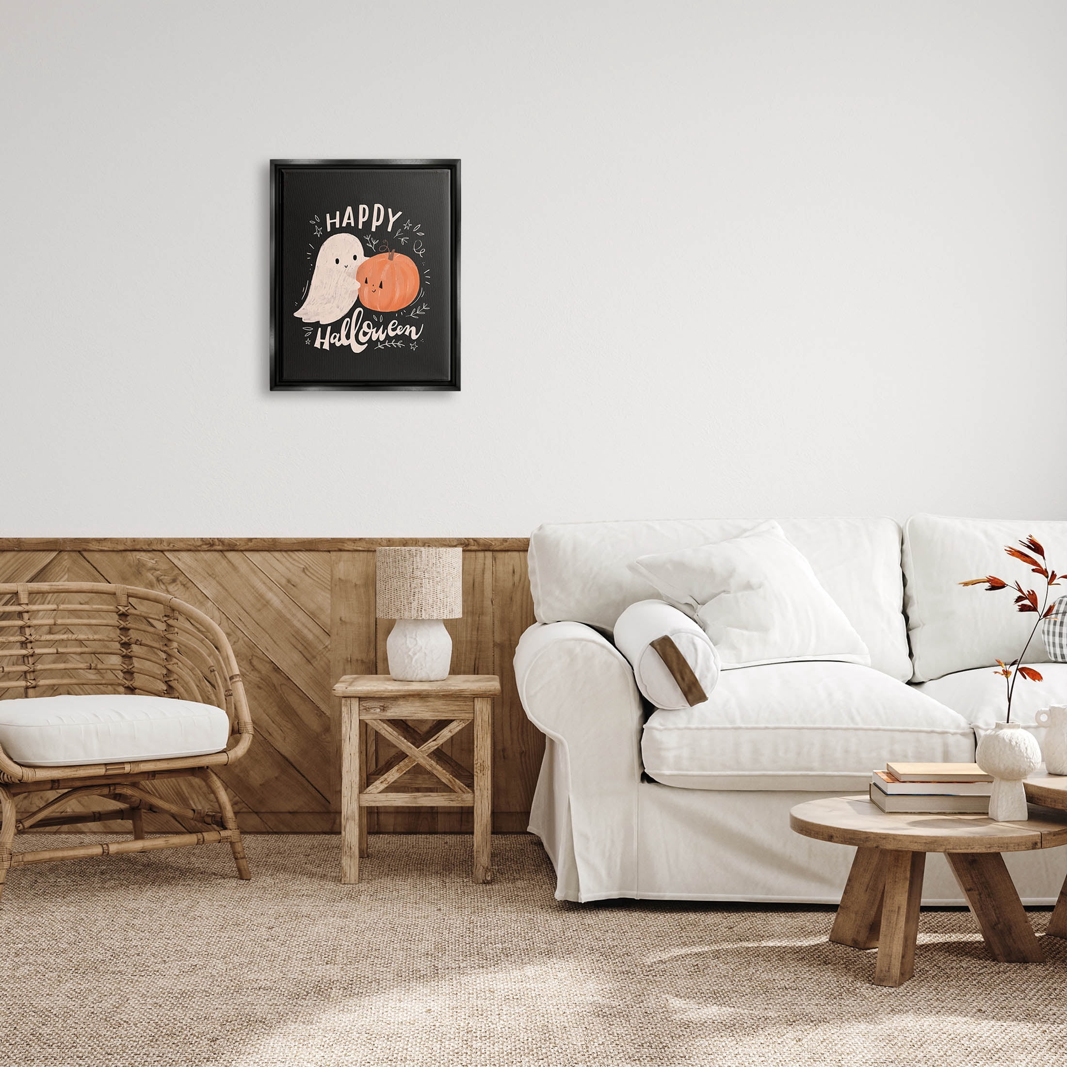 Happy Halloween Smiling Ghost Pumpkin Holiday Graphic Art Jet Black Framed Art Print Wall Art