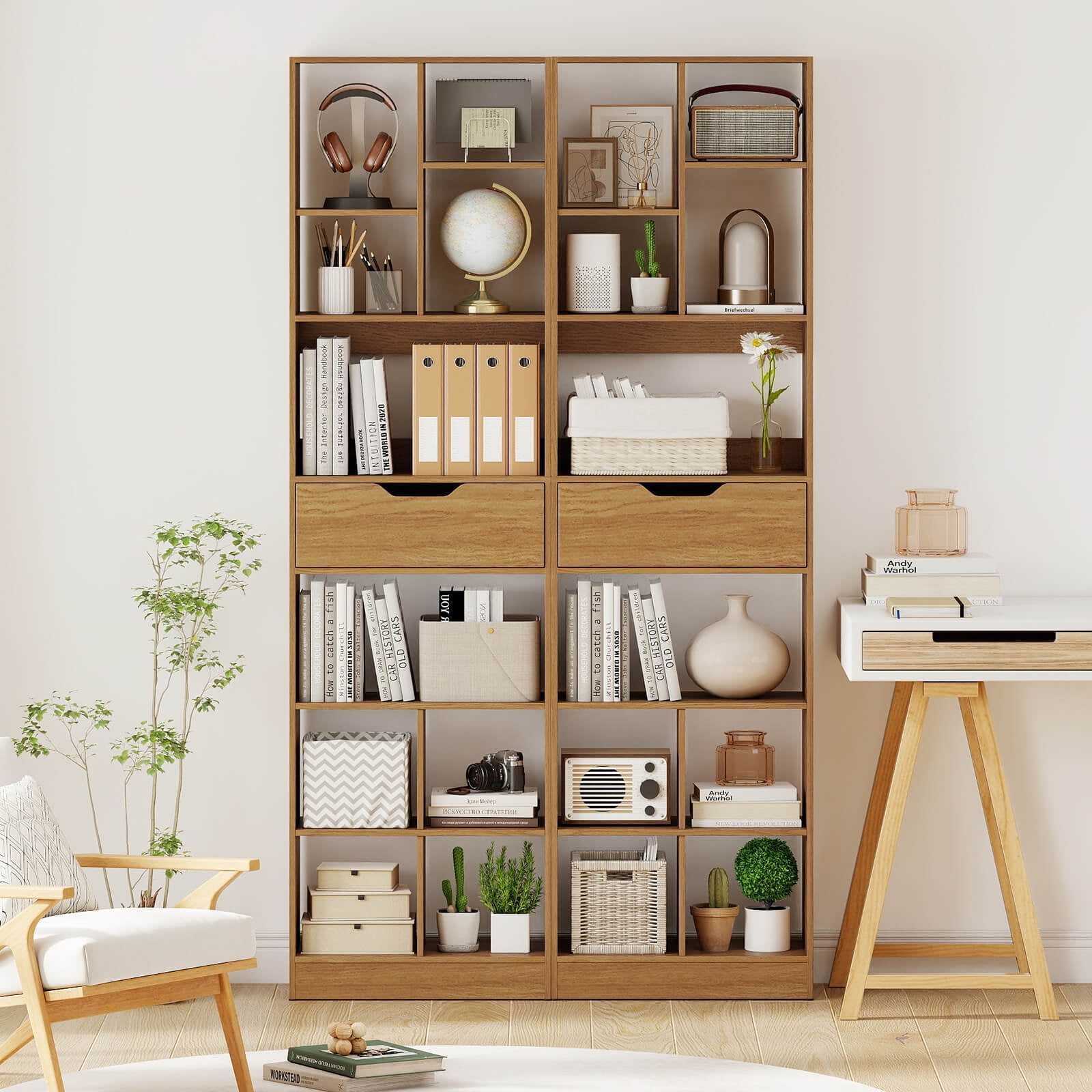 Costway 2 PCS 71” Bookcase with Drawer 10 Open Cubes Anti-toppling Kits for Living Room Natural