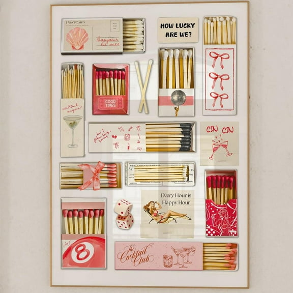 Trendy Matchbook Pink And Red Poster Vintage Matchbox Print Retro Red Matches Wall Art Funky Aesthetic Print For Apartment How Lucky Are We Wall Art, Modern Wall Decor, 8x12 UNFRAMED