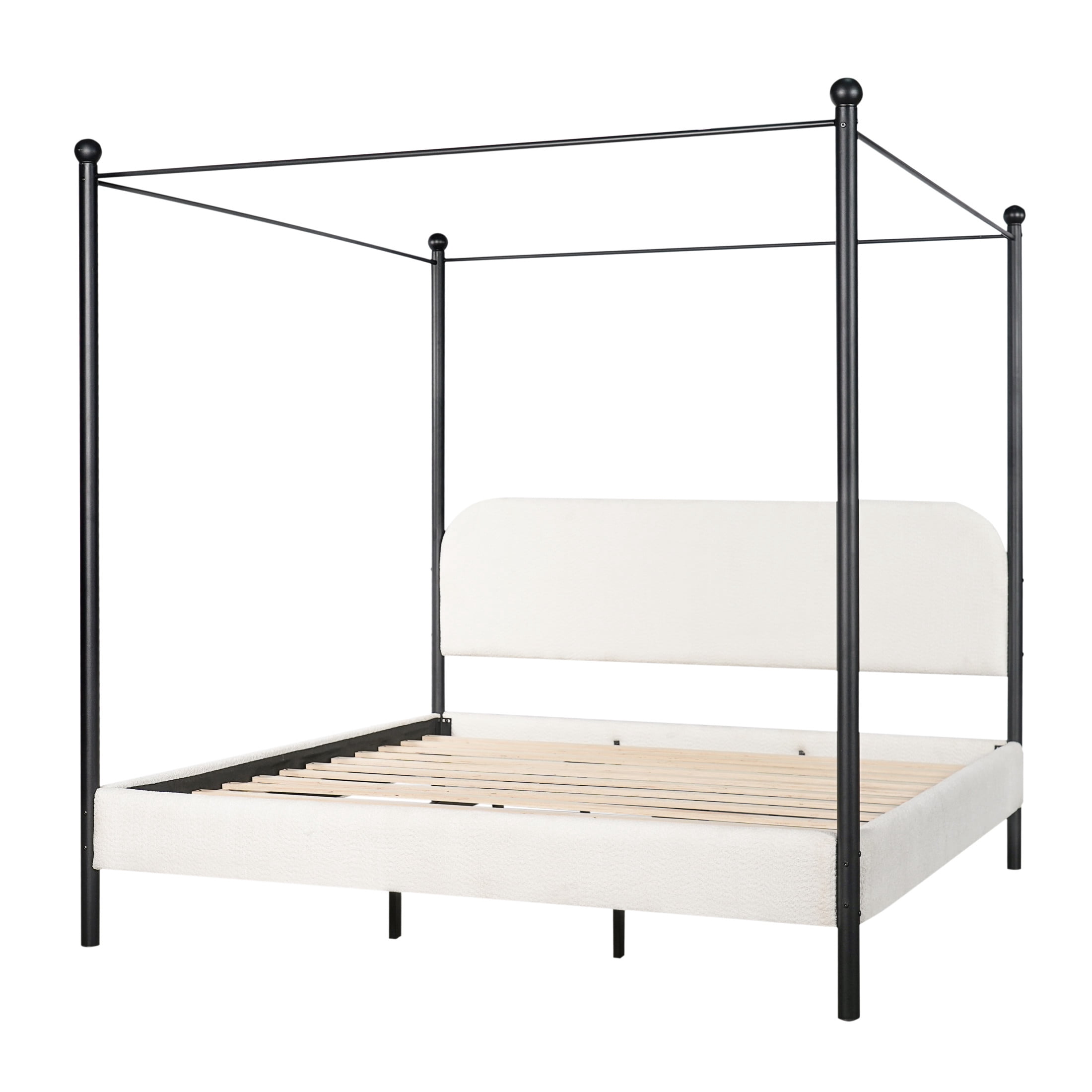 Christopher Knight Home King Upholstered Canopy Bed Frame with Boucle Fabric and Curved Headboard, White