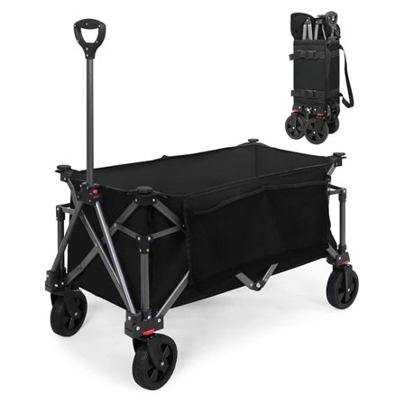 Heavy-Duty Folding Collapsible Utility Wagon with Large Side Pockets and Cup Holders, All Garden Cart for Sports, Garden, Camping, Beach, and Grocery, Black