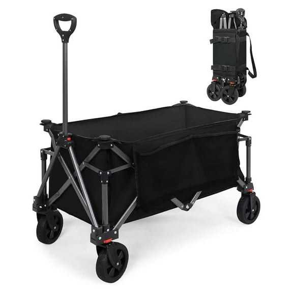 Heavy-Duty Folding Collapsible Utility Wagon with Large Side Pockets and Cup Holders, All Garden Cart for Sports, Garden, Camping, Beach, and Grocery, Black
