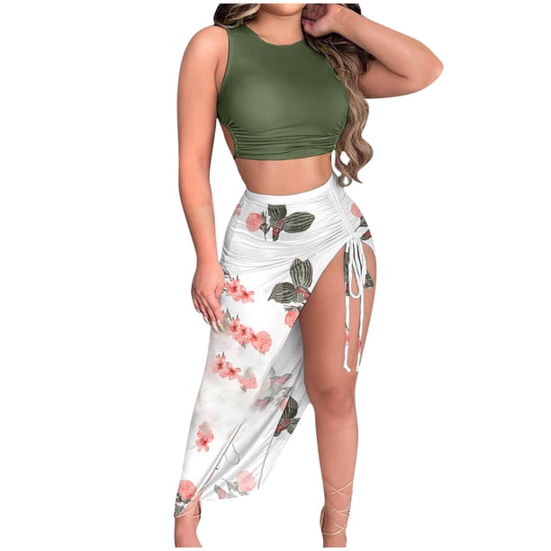 Conjunto de blusas cortas sin mangas con cuello redondo y falda elástica sexy para mujer Wmkox8yi bvn3231