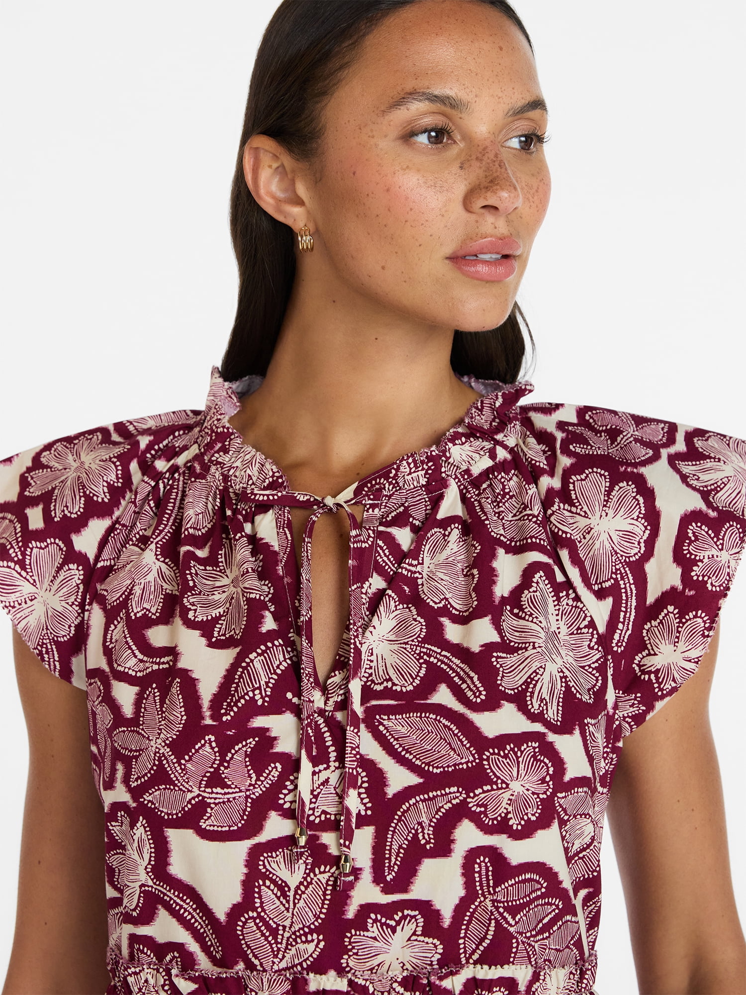 Time and Tru Women's and Women's Plus Tiered Cotton Mini Dress with Flutter Sleeves, Sizes XS-4X