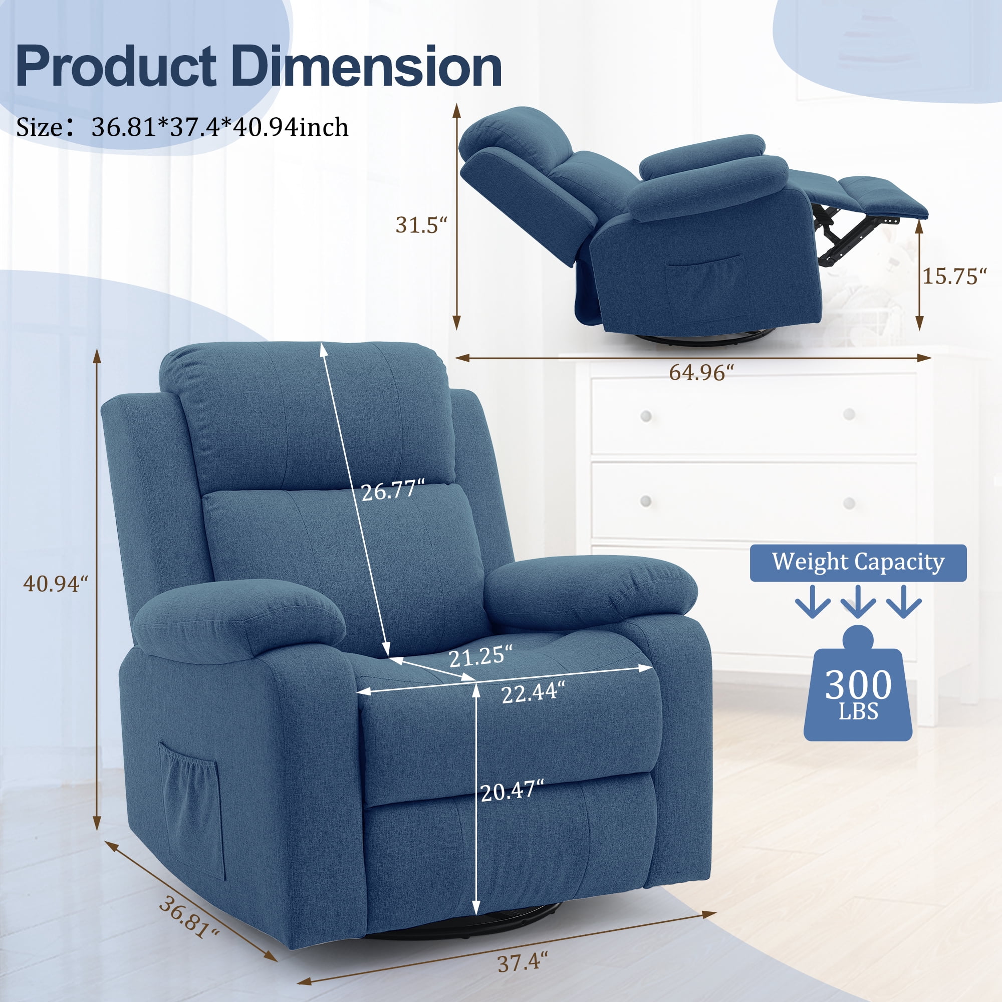 Korser Swivel Rocker Recliner Chair for Adults with Massage and Heat,Upholstered Manual Recliner with Side Pockets Glider Recliner for Living Room,Linen,Blue