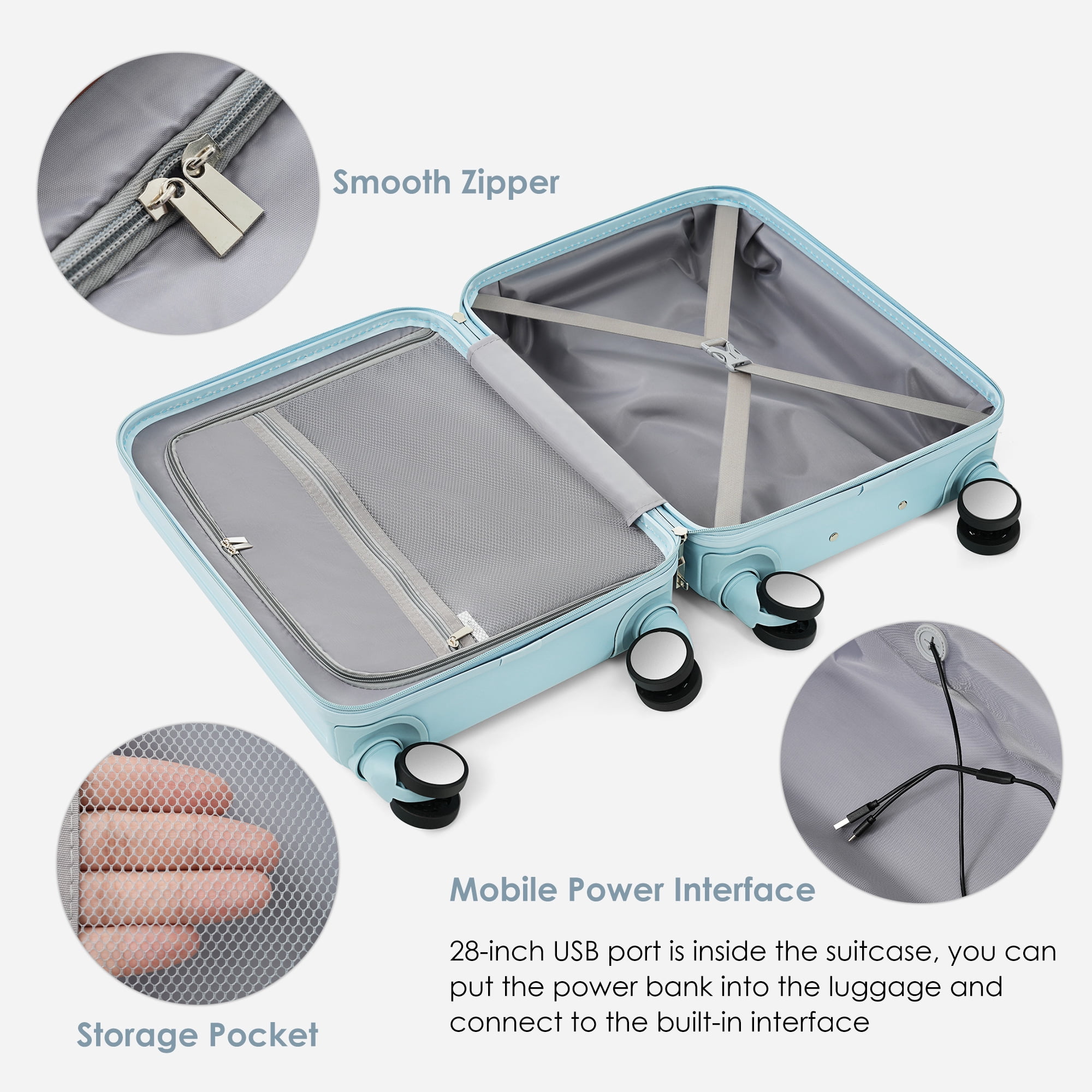 LoLado Luggage Set of 3, 20/24/28" Suitcase with USB Port and Cup Holder, 20/24" with Front Opening Design, ABS Hard Shell Travel Luggage Set with Spinner Wheels, Light Blue