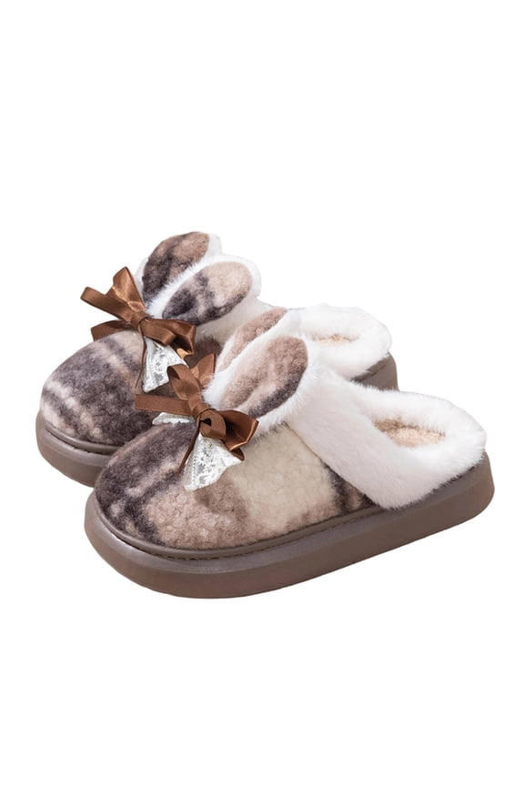 House Ladies Slippers Indoor Bronze Furry Bow Memory Foam Winter Plaid Slippers Slides for Women 36