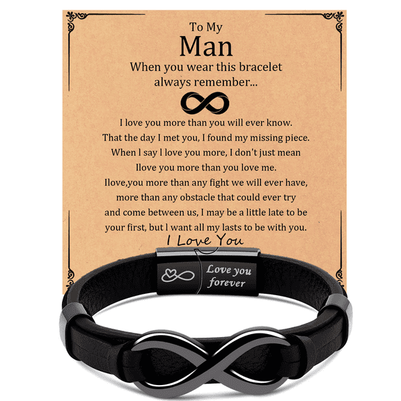 Men's Infinity Knot Leather Bracelet - Valentine's Day Gift for Him, Boyfriend, Husband | I Love You Couples Bracelet, Birthday Gift for Men