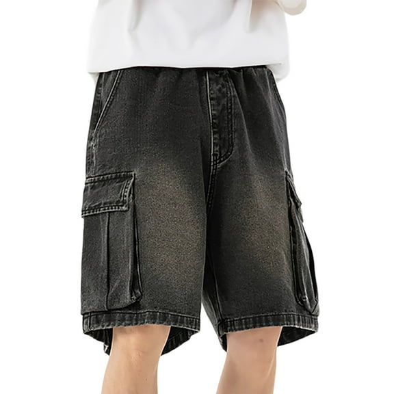 Hpapadks Mens Jean Shorts Baggy Drawstring Elastic Waist Casual Cargo Jeans Shorts Loose Fit Lightweight Summer Street Men's Denim Shorts Black L