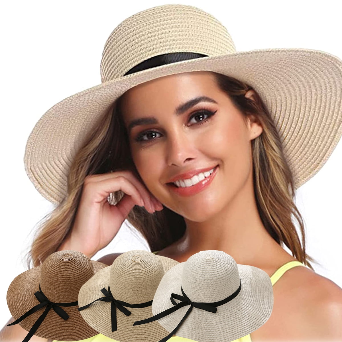 AURORA TRADE Womens Sun Straw Beach Hat, Wide Brim Floppy Beach Hat  Foldable Roll up Summer Hats with UV UPF 50+ Protection