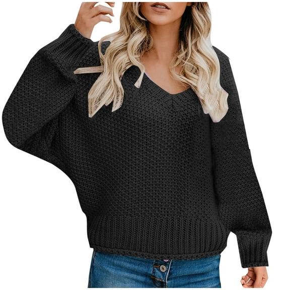 Busydd Sweaters for Women Solid Color V Neck Sweaters Trendy Long Sleeve Cable Knit Sweaters Casual Loose Fall Fashion Pullover Sweater