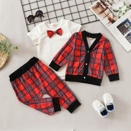 

Newborn Baby Boy Christmas Outfits Gentleman Cardigan Jacket + Bow Tie Bodysuit Inside + Pants 3Pcs Clothing Set 6-9 Months