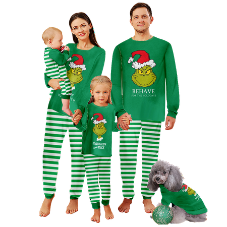 

FUNIER Matching Family Christmas Pajamas Santa Cartoon Green White Stripe Print Baby-Kids-Adult-Pet Size 2-Piece Top and Pants Bodysuits Unisex Pajamas Set