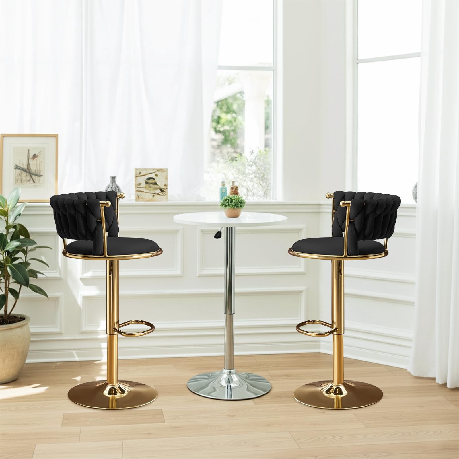 Set of 2 360° Swivel Velvet Bar Stools, Adjustable Counter Height Bar Chairs with Gold Metal Base & Low Back, Modern Kitchen Island Barstools for Dining Room & Pub, Black