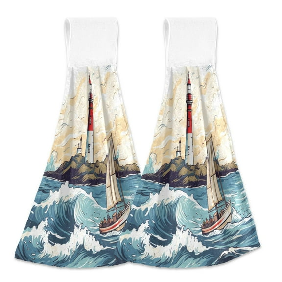 2 Pcs Lighthouse Ship Sea Kitchen Hand Towels with Hanging Loops Absorbent Soft Fast Drying Decor Bath Towels