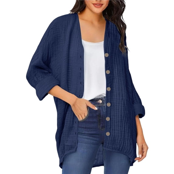 Oiangi Womens Long Sleeve Cardigans Cotton Linen Lightweight Button Coat Casual Loose Solid Open Front Tops for Fall Navy S