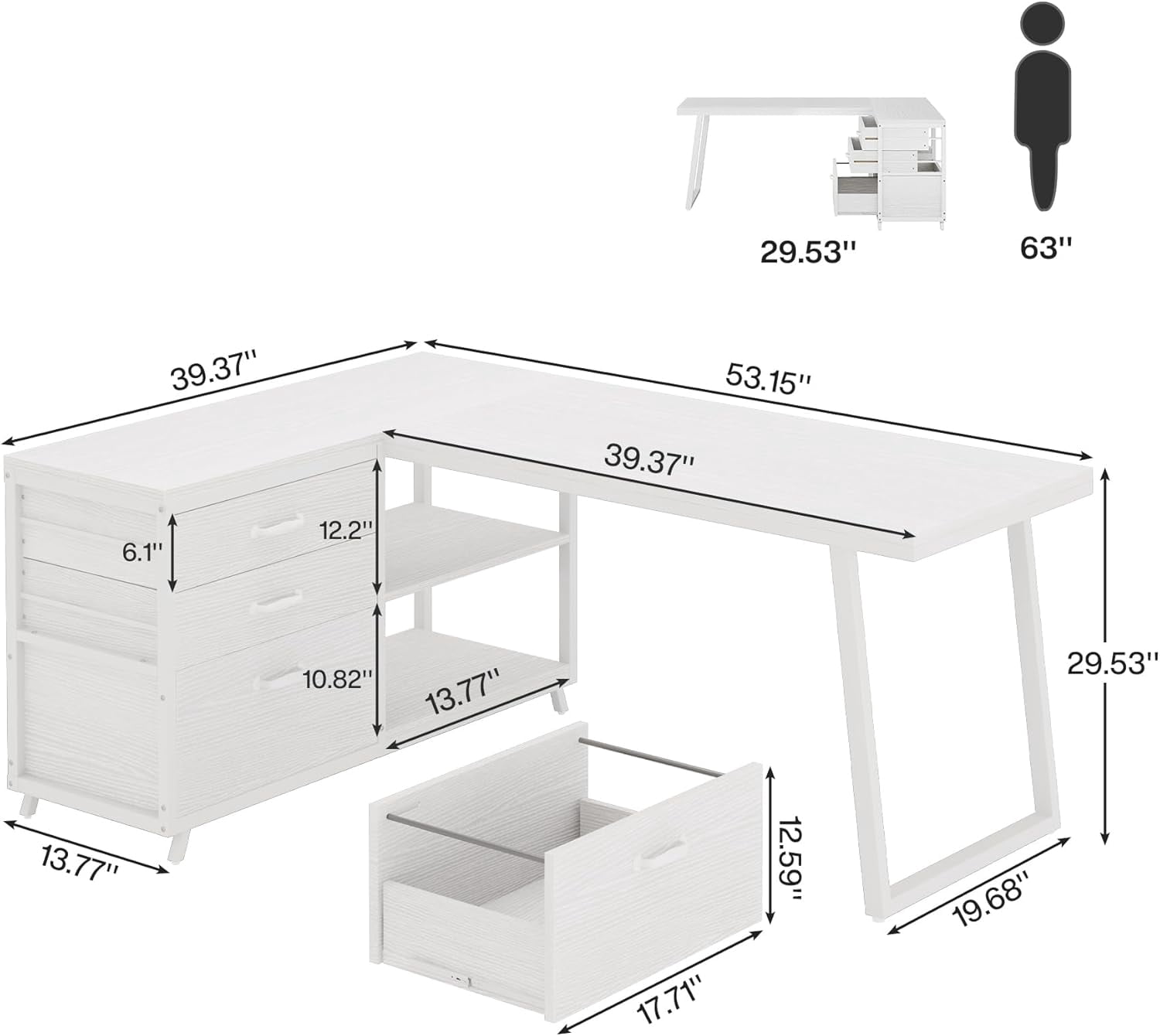 Tribesigns 53" L Shaped Office Desk, Reversible Corner Computer Desk with 3 File Drawers and 2 Storage Shelves for Home Office, Study, Gaming Room (White)