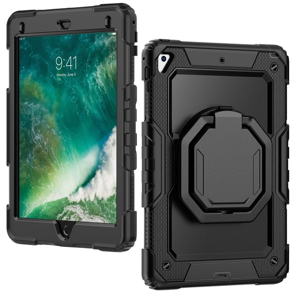 Case for iPad 6th/5th Gen (2018 2017)/iPad Air 2/iPad Pro 9.7 inch, 360 Rotating Stand Handle Shoulder Strap Heavy Duty Shockproof Cover, Black