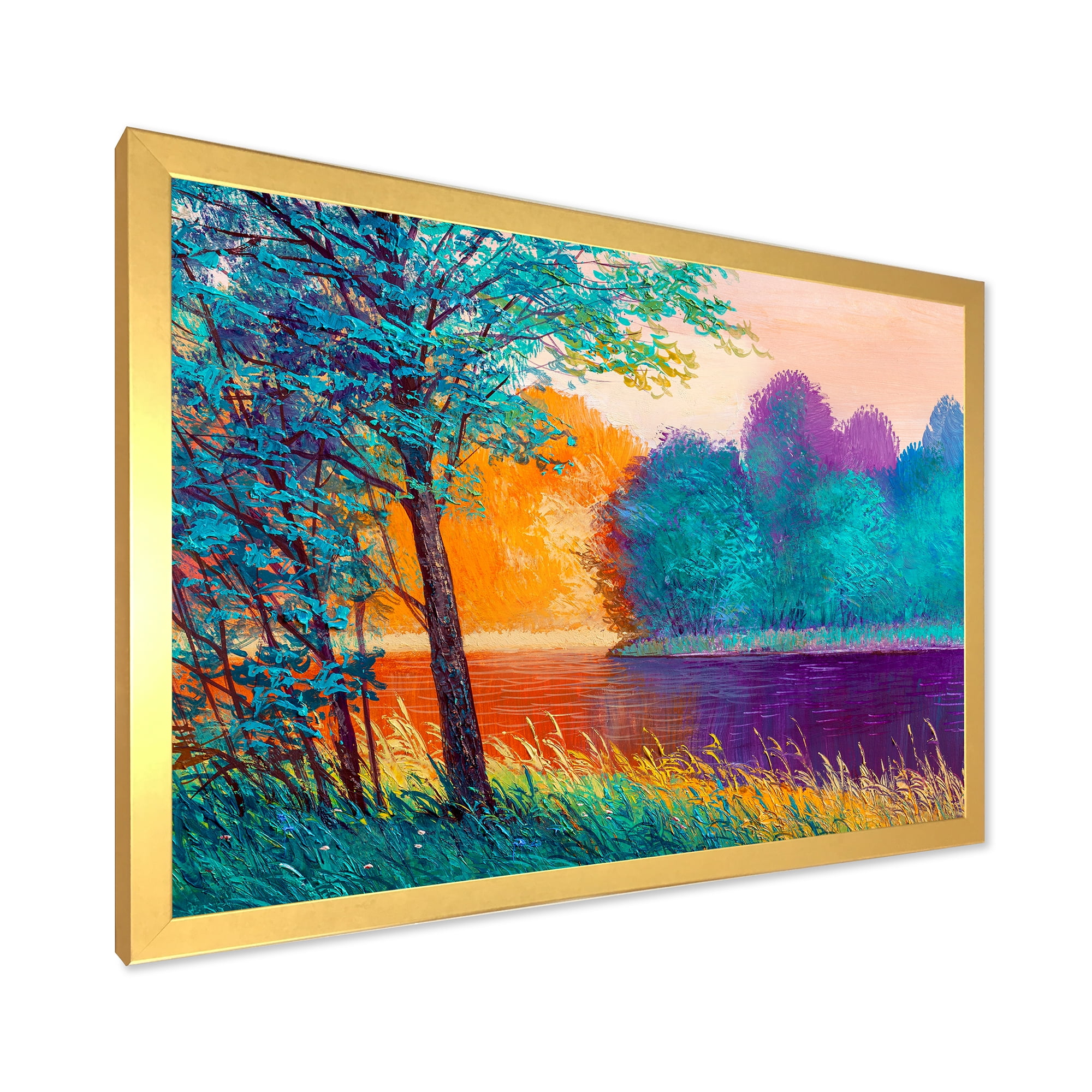 Colorful Trees During Twilight Along River 40 in x 30 in Framed Painting Canvas Art Print, by Designart