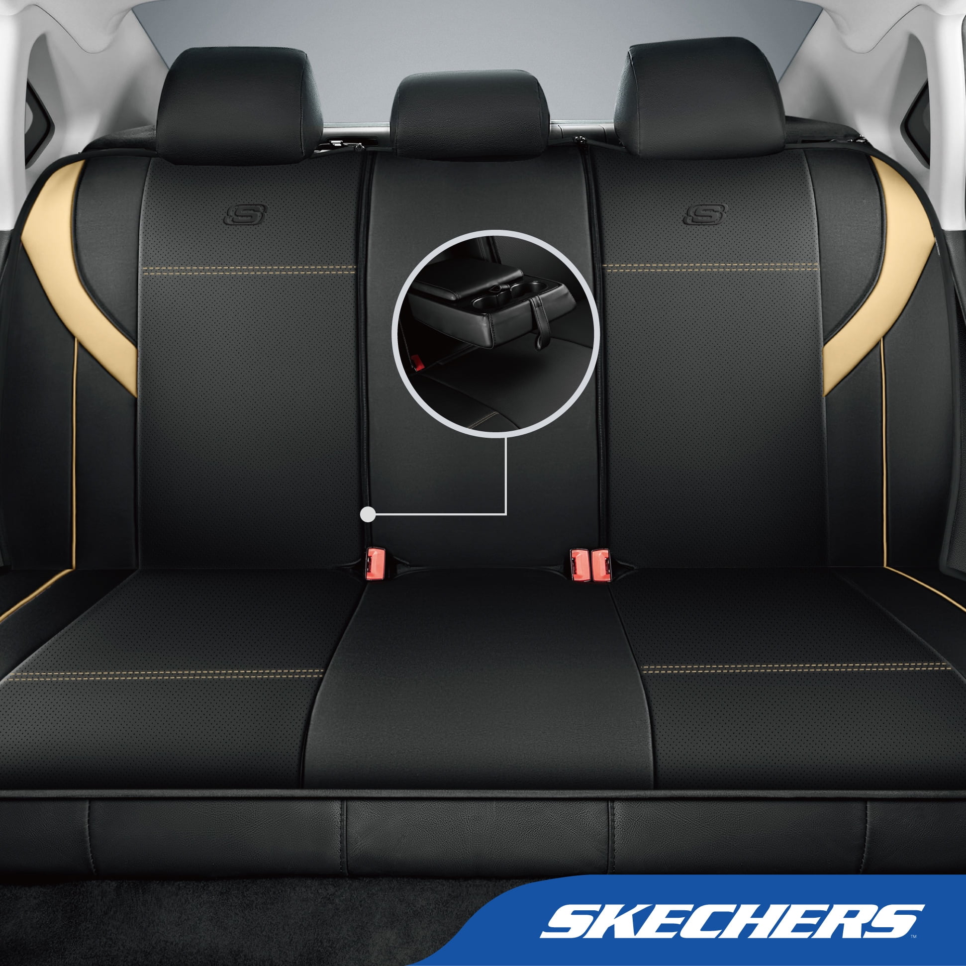 Skechers Premium Leather Car Seat Cover – Full Set, Durable, Breathable, Universal Fit for Cars, SUVs, and Trucks - Beige