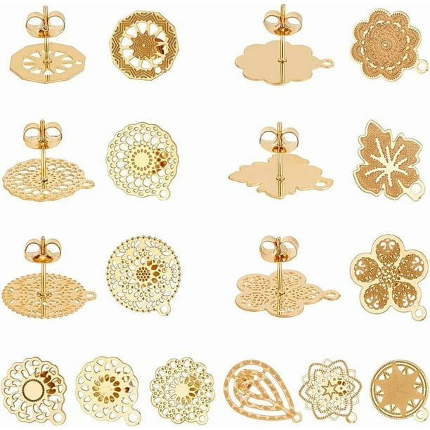 24 piezas de 12 estilos de pendientes dorados de acero inoxidable con cierre de mariposa de 0,7 mm y pasador de formas variadas.