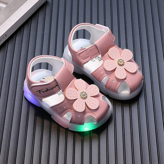 Summer Sandals for Baby Girl,Glowing Lights Shoes Toddler Infant PU Leather Soft Open Toe Sandals Flower Princess Flat Shoes