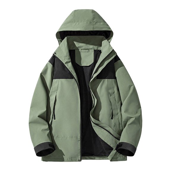 WTOBBY Men's Colorblock Outdoor Jacket, Unisex Loose Fit Hiking Camping Rain Coat, Windproof Water Resistant Mountaineering Jacket with Hood for Trekking Travel,Army Green L