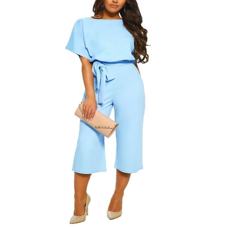 Cropped Jacket & Silk Skirt Wide Leg Cropped Trousers Jumpsuit Rompers for Women Evening Party Daily Wear Short Sleeve Back Button Playsuit Pants Drawstring Tie Casual Trousers ()
