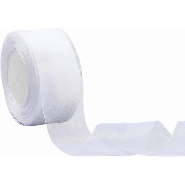 1 rollo de 50 yardas de cinta de organza blanca de 2 pulgadas, fina y transparente, de gasa, de tul decorativo simple con carrete de cintas de tela.