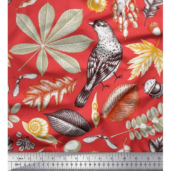 Soimoi Moss Georgette Fabric Bird & Leaves Printed Fabric 1 Yard 42 Inch Wide