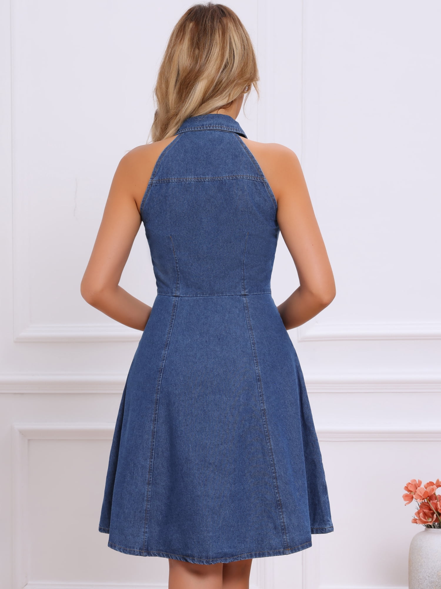 DARING DIVA Women's Halter Denim Jeans Casual Halter Neck Cotton Dress XS Blue