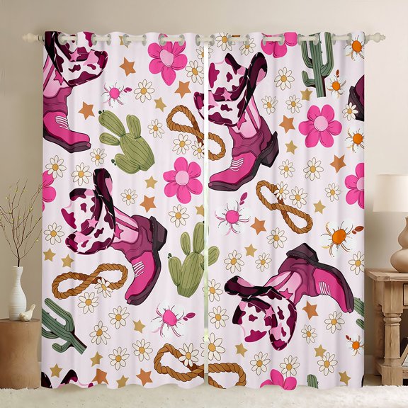 Manfei Cowboy Cowgirl Boots Hat Black Out Curtains, Kawaii Pink Cherry Blossoms Curtains Pack of 2 (42x63 Each), Teens Girls Kids Bedroom Curtains, Window Curtains Decor