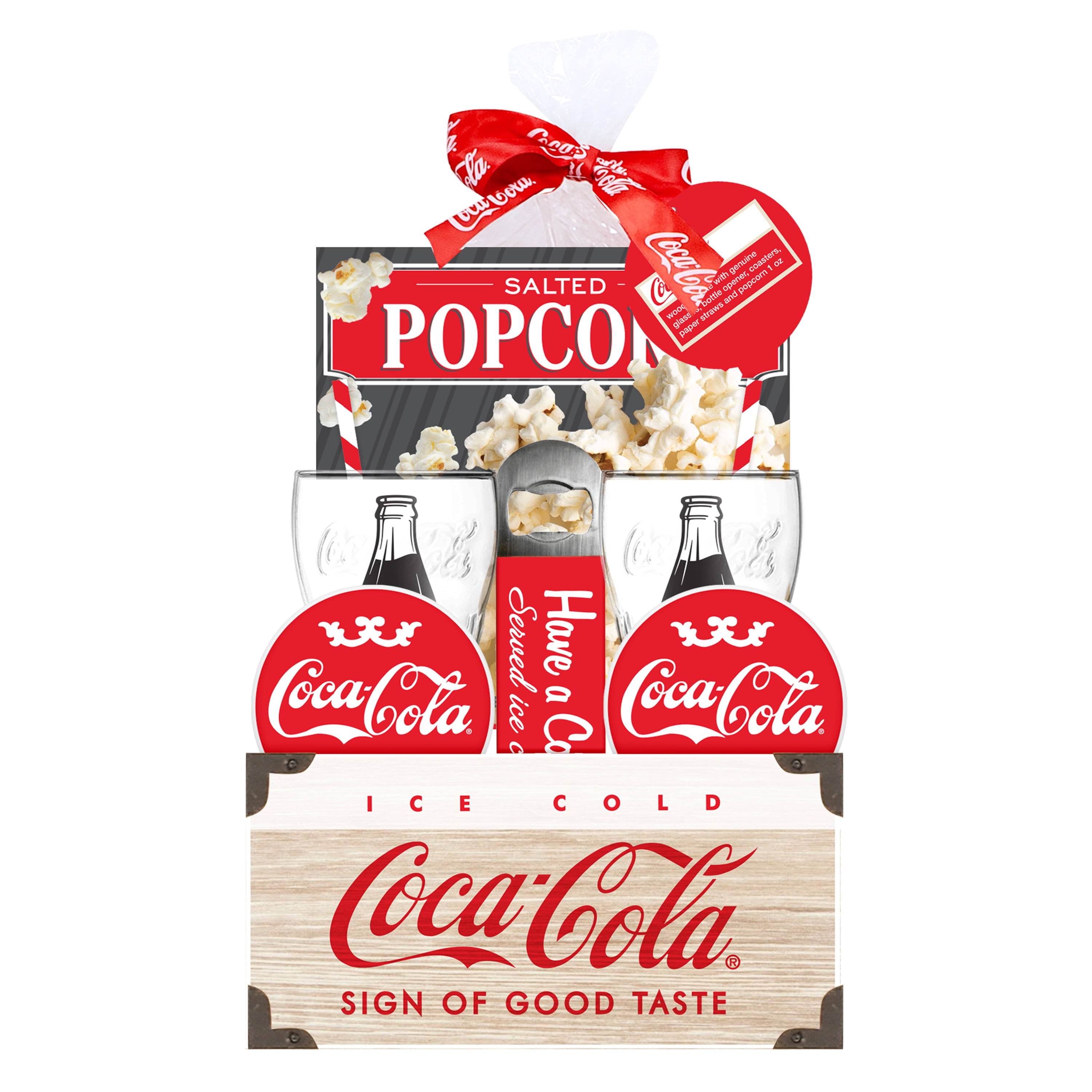 Coca-Cola Coca Cola Wooden Crate with Glasses, Bottle Opener, Coasters, and Popcorn