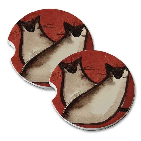 KuzmarK Sandstone Car Drink Coaster (set of 2) - Two Sleek Sealpoint Kitties Abstract Cat Art by Denise Every