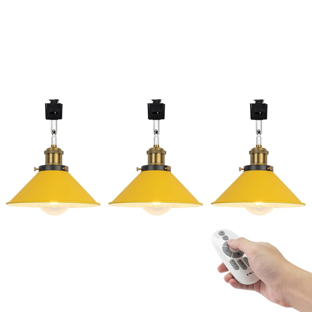 FSLiving Suspension de Rail Type J à Angle Réglable avec Télécommande, Douille en Cuivre E26 avec Abat-Jour en Métal Jaune, Lampe à Intensité Réglable, Changement de Couleur et Minuterie pour Magasin (Rail de Plafond Vendu Séparément) - 3 Lumières
