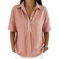 thumbnail image 3 of Polo Shirts for Women Short Sleeve Tops Striped Lapel Button Neck Shirt Causal Trip Work Going Out Summer ,L,#02 Red, 3 of 9