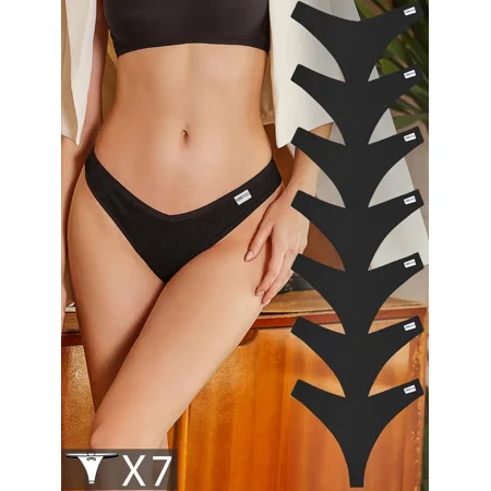 

7 Pcs Women‘s Skin-friendly Solid Waffle Thong Panties Breathable Micro Elastic Cotton Panties Women‘s Lingerie & Underwear