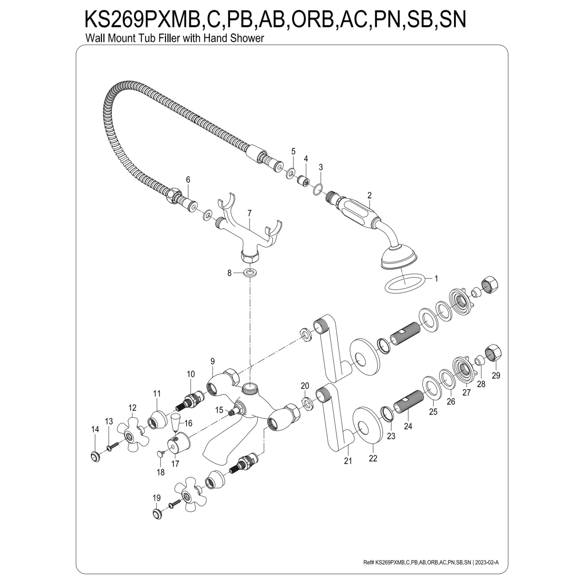 Kingston Brass KS269PXSB Kingston Three-Handle 2-Hole Tub Wall Mount Clawfoot Tub Faucet with Hand Shower in Brushed Brass