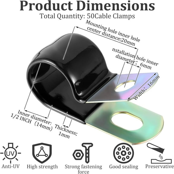 50 Pack Vinyl Coated Cable Clamps Galvanized Steel Cable Metal Wire Rubber Cushioned Insulated Hose Pipe Clamp for Tube Lines Wire Cord Installation(1/4 Inch, 6mm)