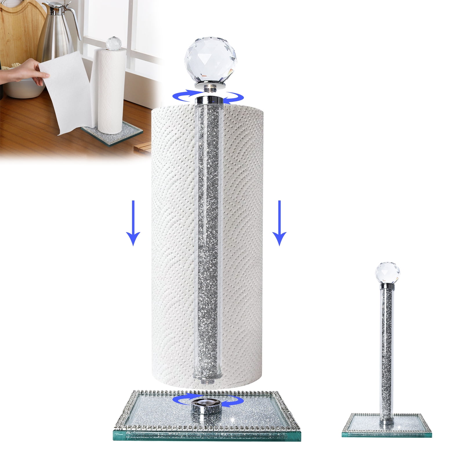 FOUNDLDF Paper Towel Holder, Kitchen Countertop Square Base Vertical Paper Towel Holder, Sparkling Crystal Crushed Diamond Effect Bathroom Paper Towel Holder