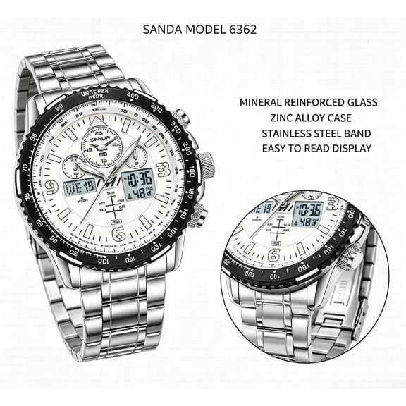 Men Dual Display Sports Watch, 5ATM Waterproof Chronograph Wrist Watch