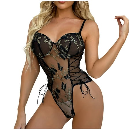 

KDDYLITQ Sexy Snap Crotch Lingerie Babydoll for Women Teddy Embroidery Sleepwear Mesh Butterfly One Piece Bodysuit Black XL