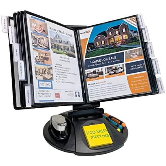 AdjustaView 10-Pocket Desk Reference Organizer with Supplies Storage Base and EZ-Load Pockets to Hold 20 Sheets of Paper, Includes Fast Find Indexing Tabs, Black Pockets