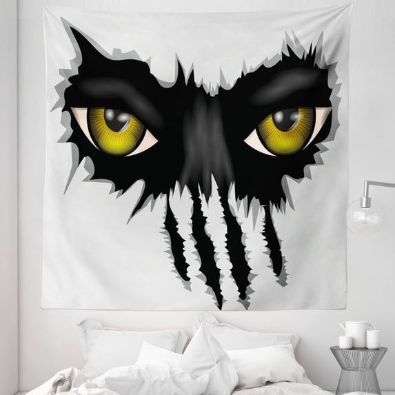 Eye Tapestry, Evil Eyes of Wild Black Cat Staring Face Werewolf Animal Monster Scratch Danger, Fabric Wall Hanging Decor for Bedroom Living Room Dorm, 5 Sizes, Yellow Black Grey, by Ambesonne