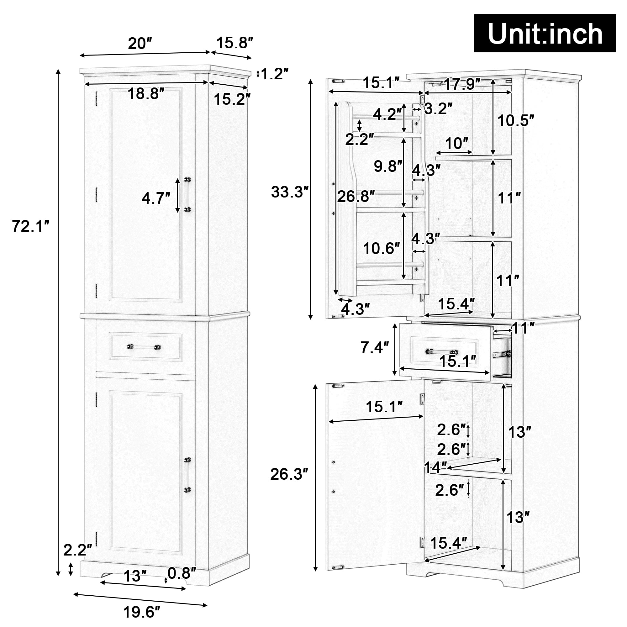 Euroco Tall Bathroom Storage Cabinet, Freestanding Storage Cabinet with Two Different Size Doors and Adjustable Shelf, Door Shelve Design, MDF Board with Painted Finish, Gray