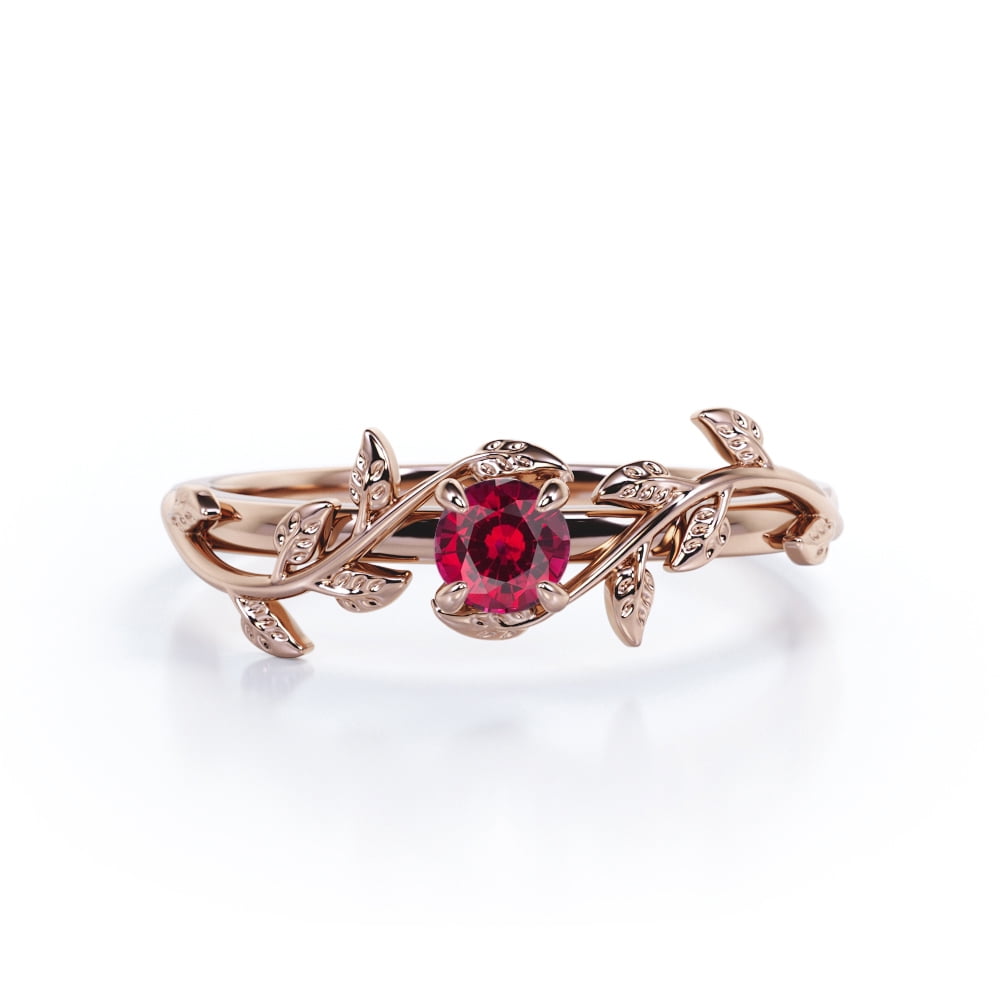 JeenMata Solitaire Bohemian Style 0.50 Carat Round Shape Lab Created Ruby Engagement Ring in 18K Rose Gold Plating over Silver