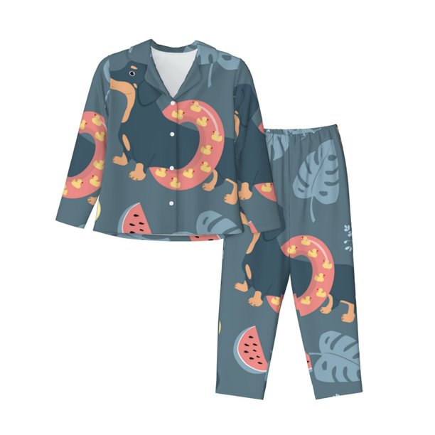 Balery Watermelons Dachshunds Conjunto de Pijama con Estampado para Mujer, Conjunto de Dos Piezas con Manga Larga, Ropa de Dormir Suave con Bolsillos, Pijamas Cómodos-Medium